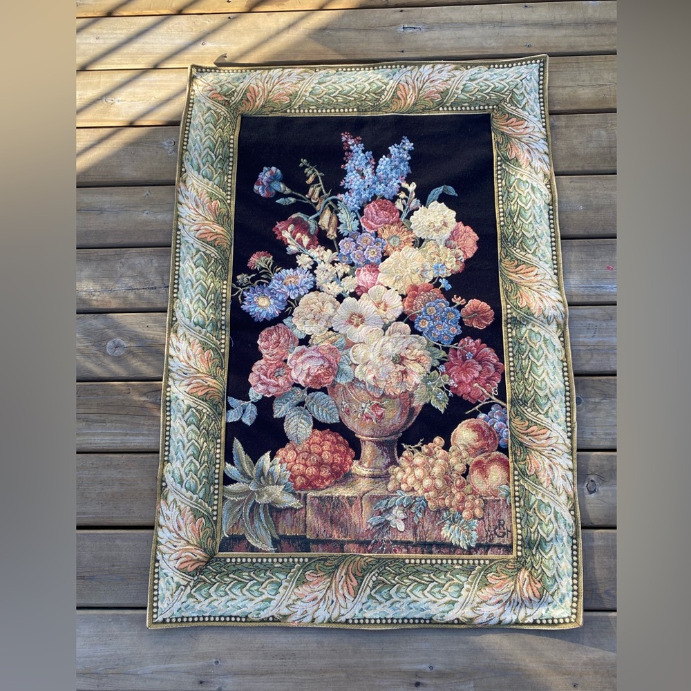 Vintage GRH France Tapestry Flowers Bouquet, Woven, Wall 45”x 31” Portrait
